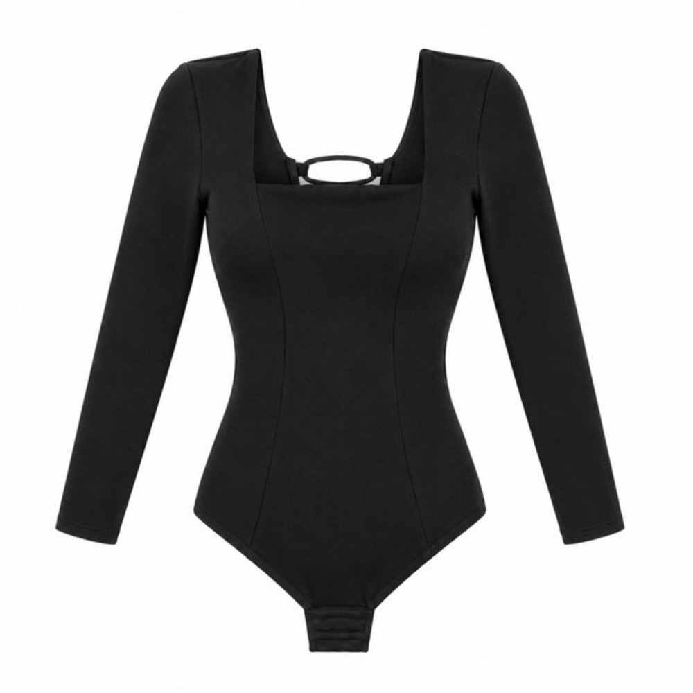TA3 Squarey Long Sleeve Corset Thong Bodysuit Black Women's M Reg/Long